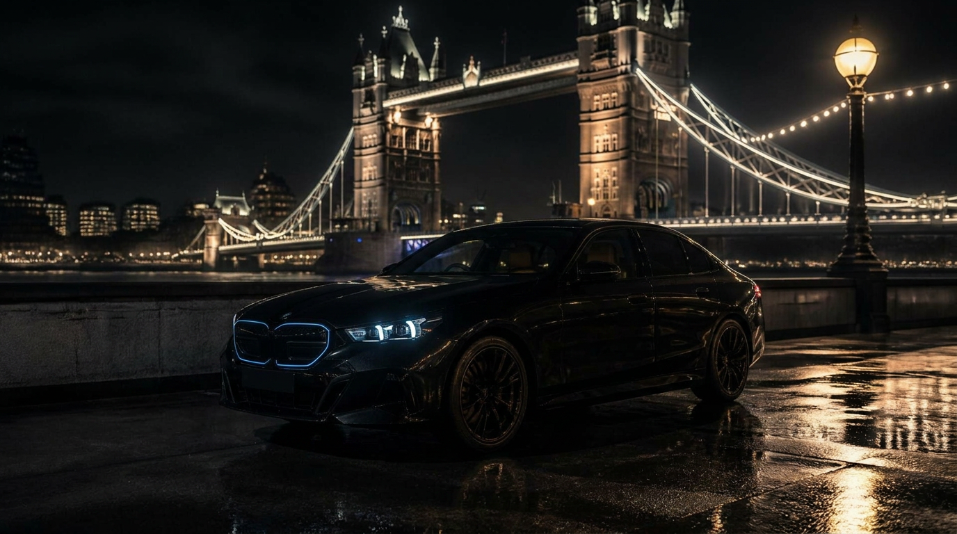 Luxury black car at night by Tower Bridge